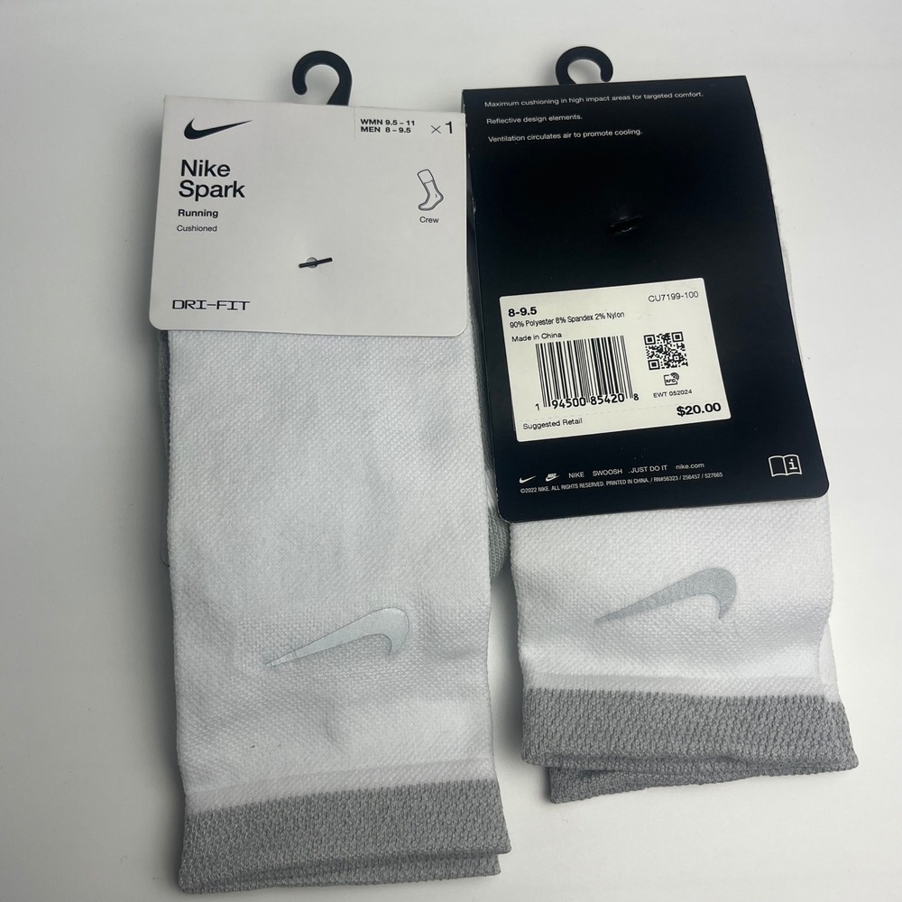 2 pair Nike Spark Running Crew Socks White Gray Cushioned Dri-FIT